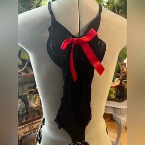Black Lace Bodysuit with Red Bow